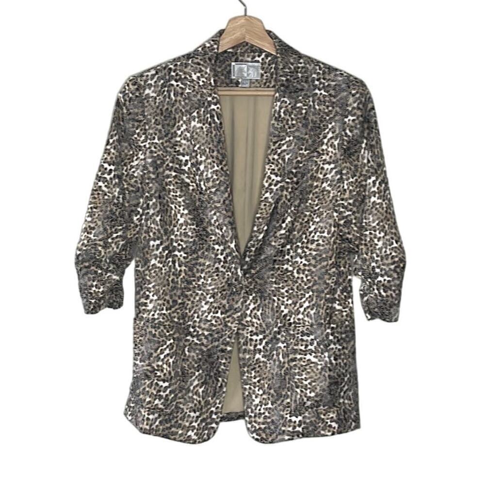 Alberto Makali Womens Animal Print Ruched 3/4 Sleeve Single Button Blazer Size 8